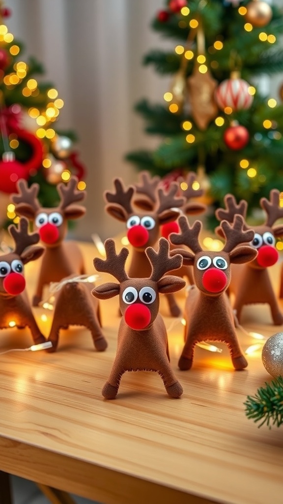 A collection of handmade reindeer decorations on a table, adorned with lights and Christmas ornaments.